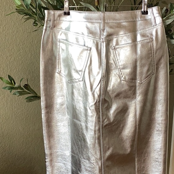 .New Years Eve Metallic Silver Faux Leather Midi Skirt - Picture 2 of 7